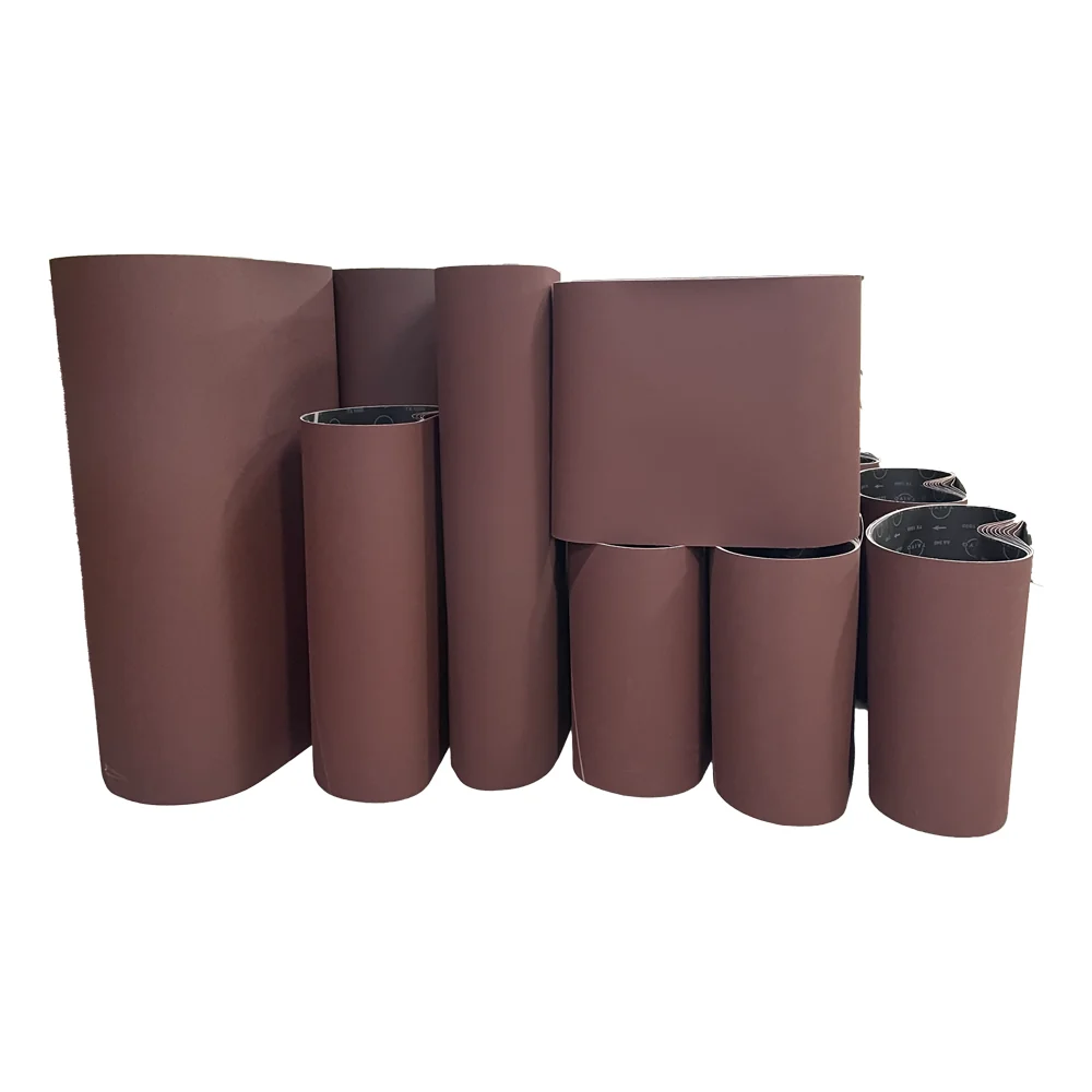 Converted sanding belts arranged to show a range of widths and lengths